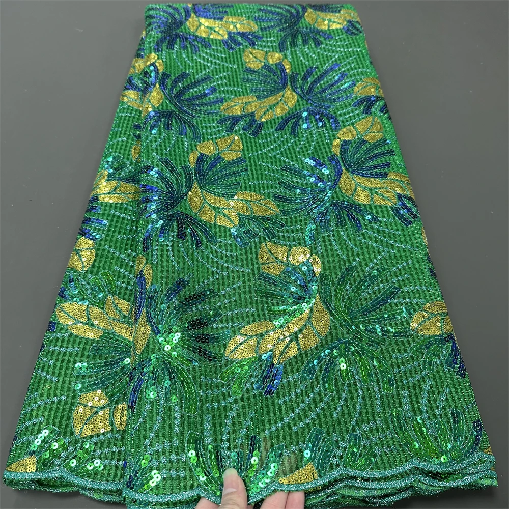 2024 African Nigerian Sequins Tulle Lace Fabric Sewing Net Cloth Prom Dresses Beads Embroidery  High Quality 5Yad hz1195