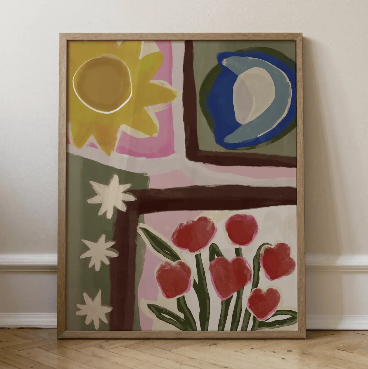1pc frameless Canvas Painting Boho Sun Moon Floral Wall Art Canvas Prints Decor, Minimalist Abstract Tulip Poster for Living Roo