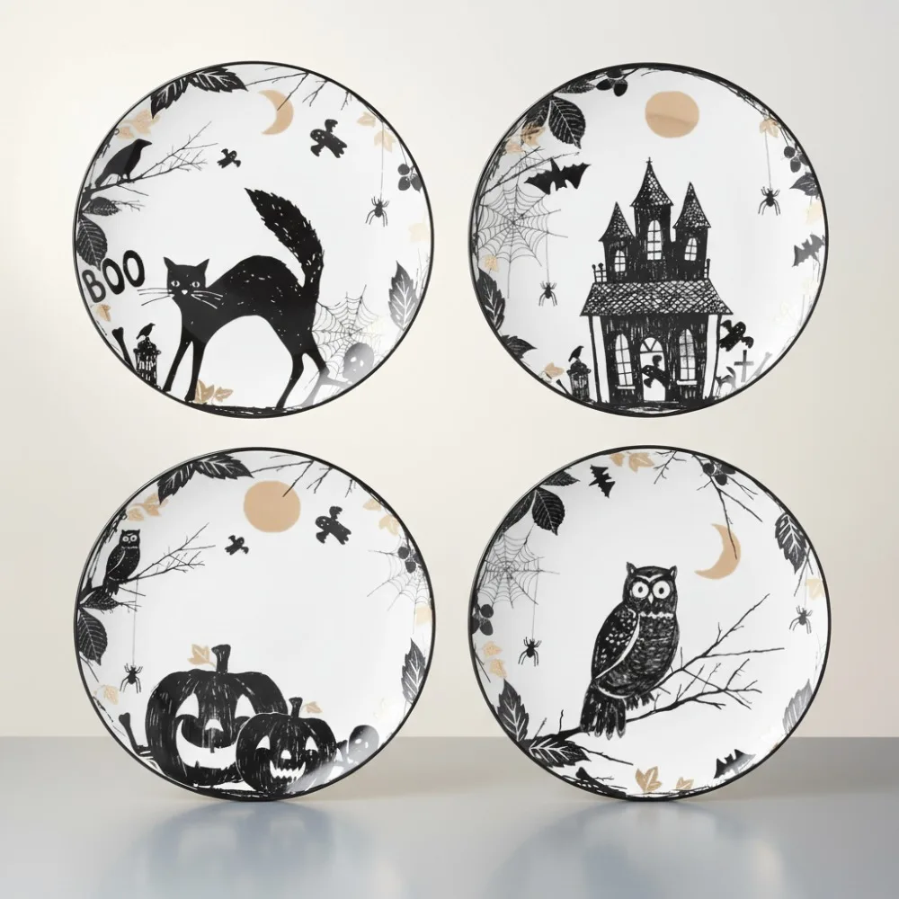 

Винтажные тарелки с акцентом на Хэллоуин, набор из 4 фарфоровых тарелок, можно мыть в посудомоечной машине и микроволновой печи, жуткий декор для дома