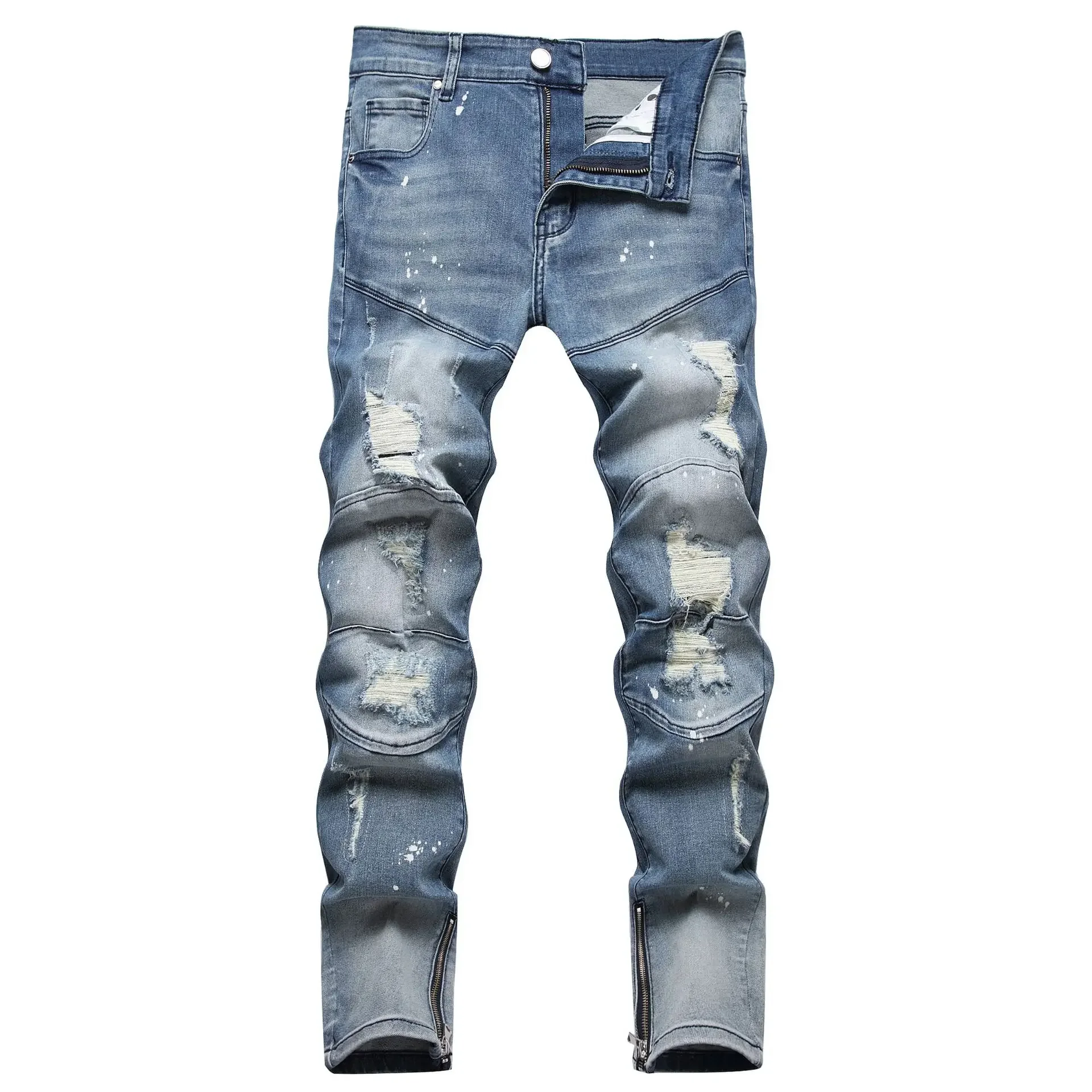 Patchwork complex nostalgic monkey point hand splash process hole patch foot fashion jeans pants