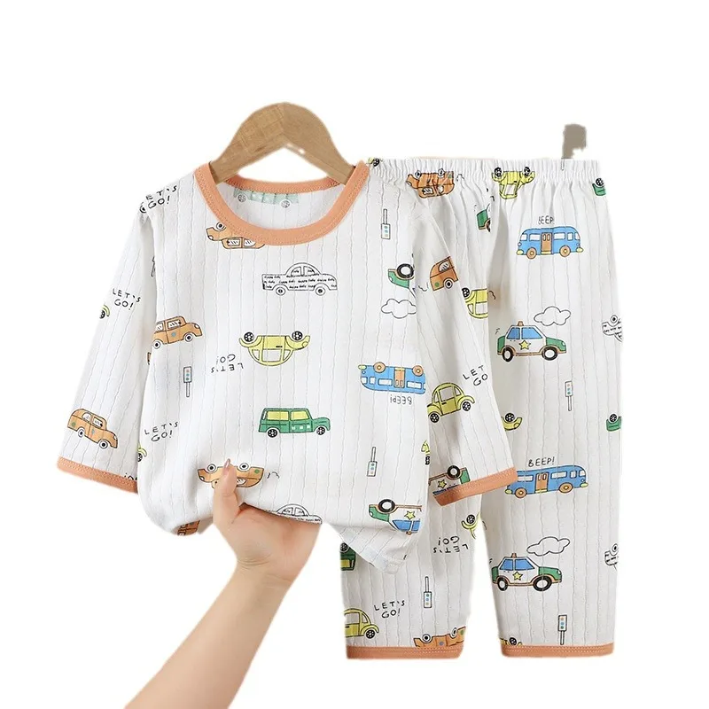 Summer Children's All Cotton Underwear, Boys and Girls' Home Clothing Set, Three Quarter Sleeve Pajamas, Thin Air Conditioning