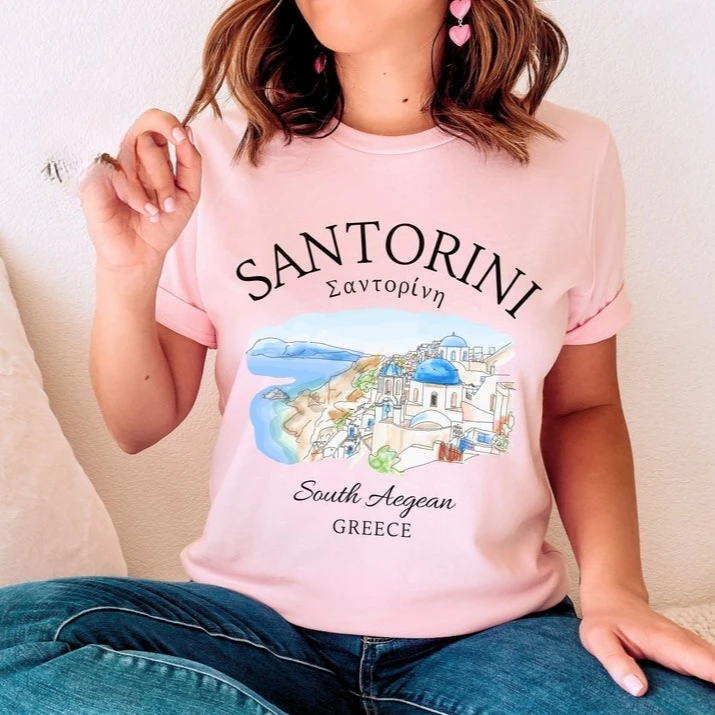 Santorini Greek Island T-shirt Unisex Greece Funny Pattern Print Tees Summer Fashion Casual Comfortable Soft Cotton Gift Tops