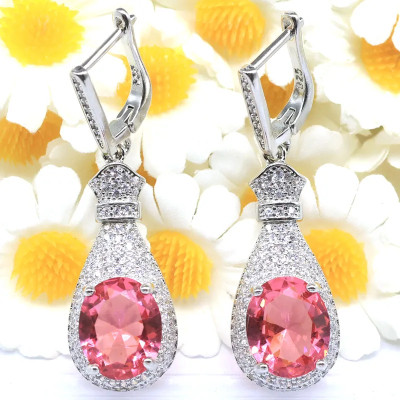 SheCrown 45x13mm Highly Recommend Pink Morganite Fire Rainbow Mystic Topaz Violet Tanzanite CZ Women Silver Plated Earrings