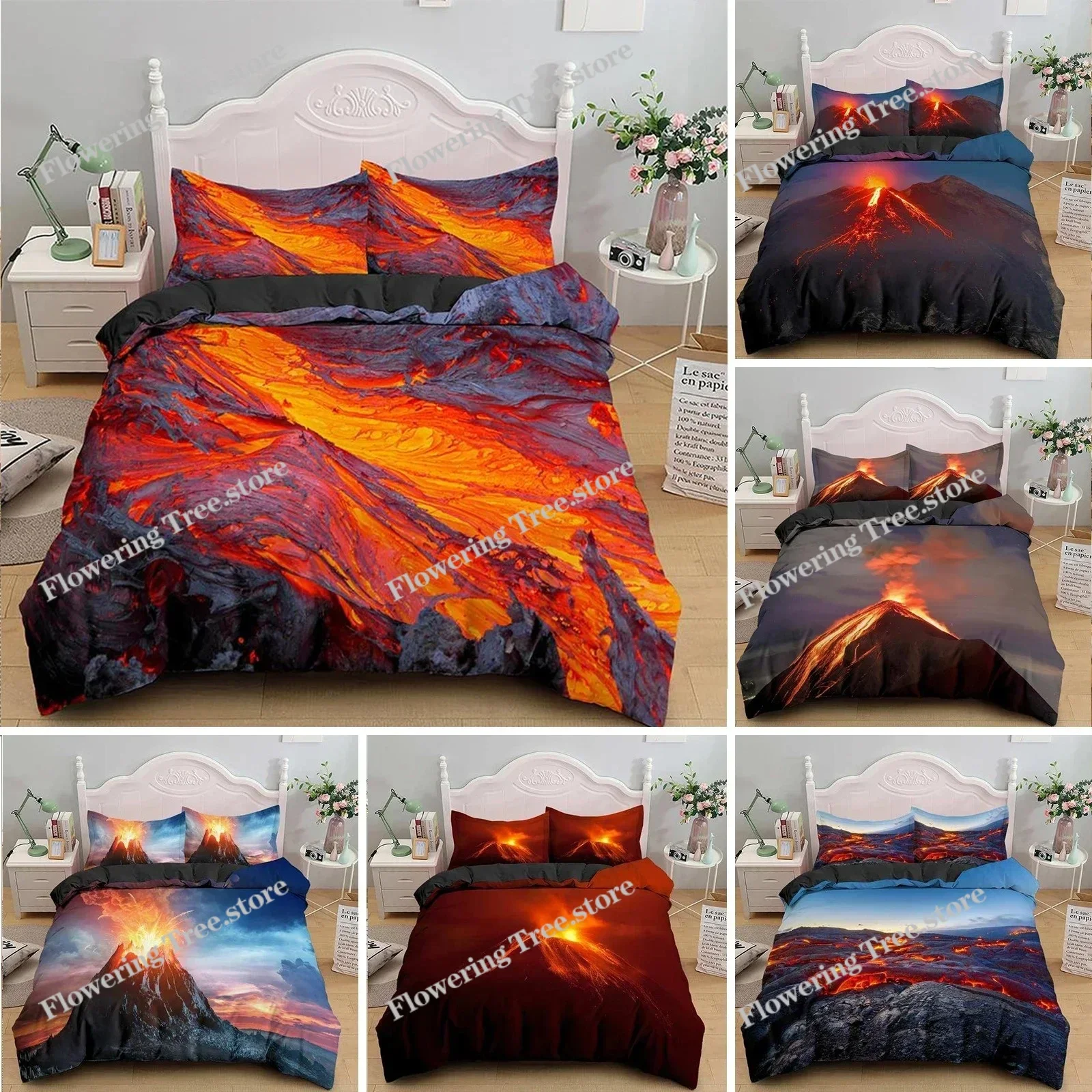 Volcano Duvet Cover Set King Size Disaster Pattern Red Yellow Comforter Cover Microfiber Lava Bedding Set for Adult Boy Men Teen