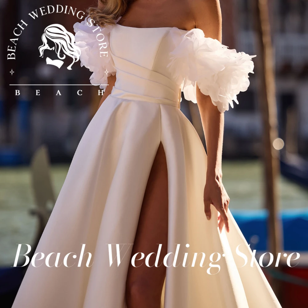 

Beach Customized Pleats Ruching Off Shoulder Zipper Back Ruffles Lace Wedding Dresses 2025 Floor Length A-Line Satin Bridal Gown