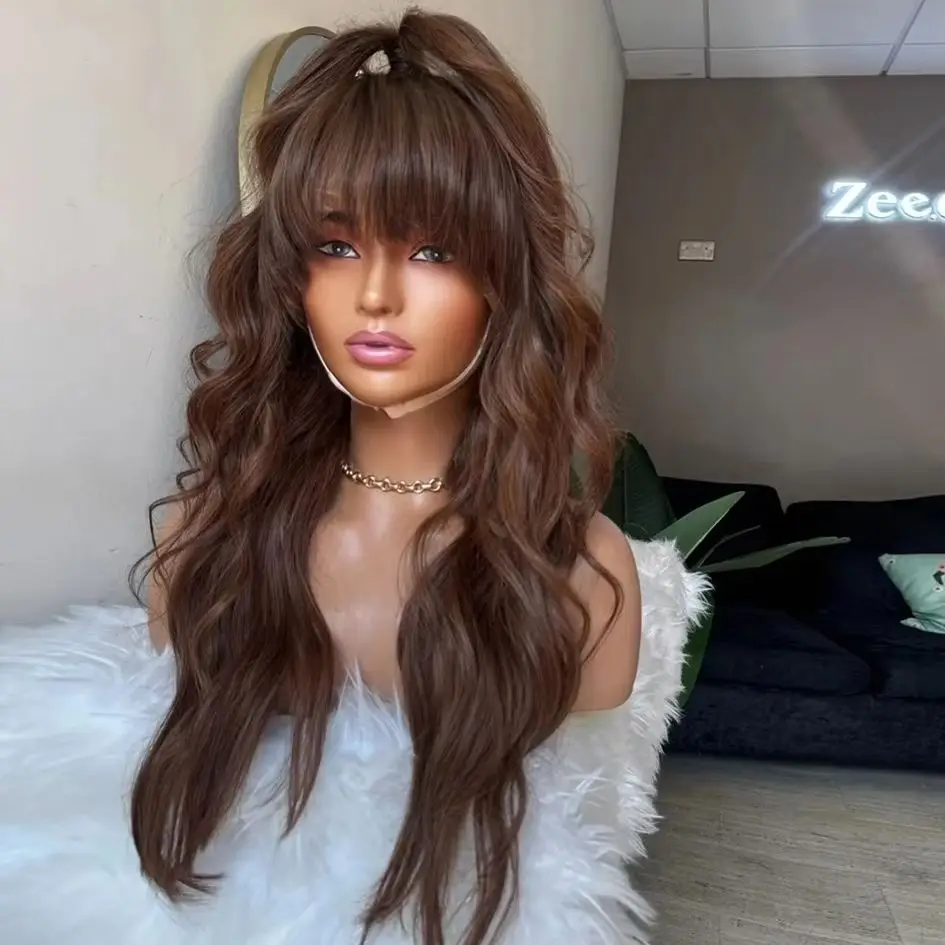 Chocolate Brown Wig With Bang Long Body Wave Lace Fornt Wig Synthetic And Blend Premium Fibre Heat Resistant Pre Plucked Cosplay