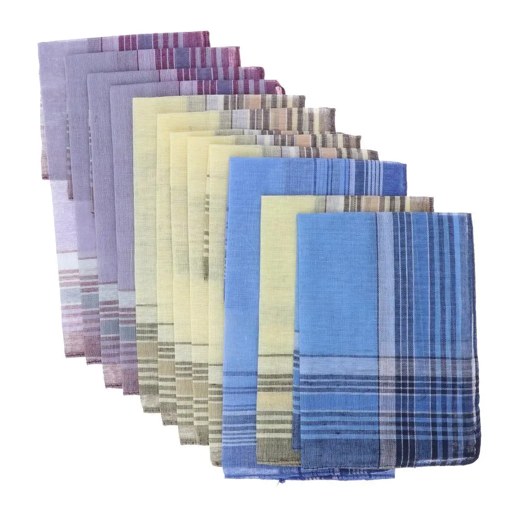 Set of 12/10pcs Men's Plaid Pattern Cotton Handkerchiefs Gentleman Classic Pocket Square Hanky