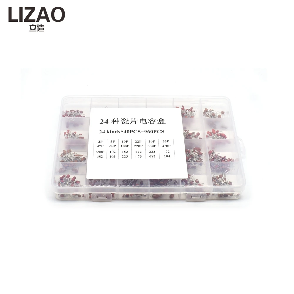 LIZAO 960Pcs 24Values Ceramic Capacitor Assortment 2PF-0.1UF 50V Capacitor Box for Electronic DIY and Repairing
