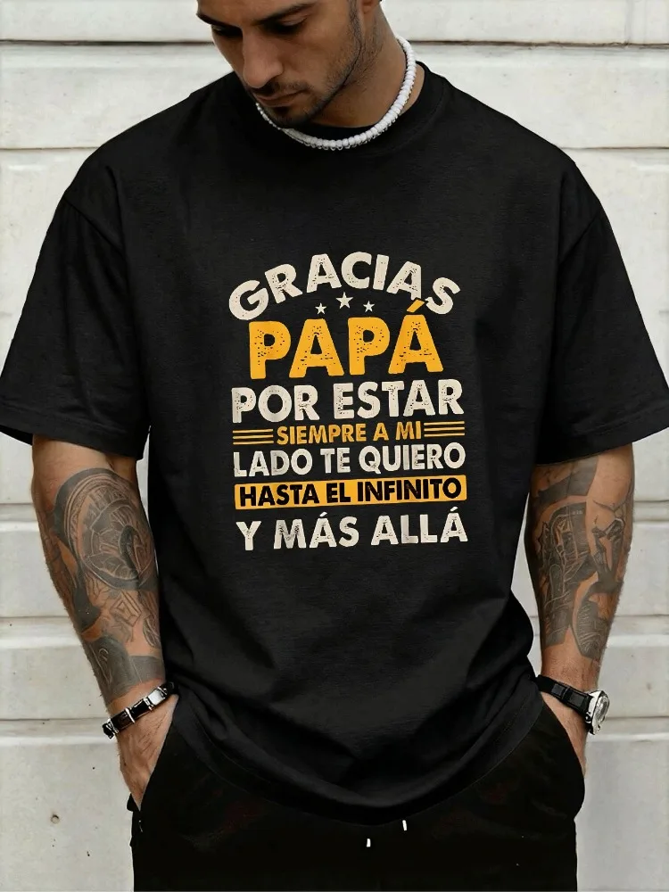 Charcoal Grey Male Short Sleeve Top Gracias Papa Spanish Slogan Vintage Print Loose Cotton Fathers Present Street Casual Outfit