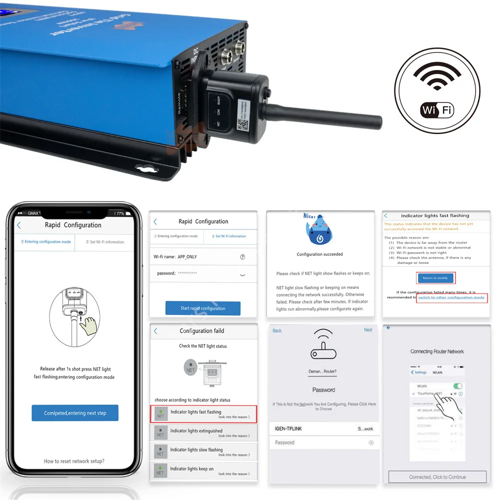 Micro inverter collegato alla rete eolica da 1000 W, corrispondenza automaticamente 120 V e 230 V, WIFI opzionale e funzione di limitazione corrente