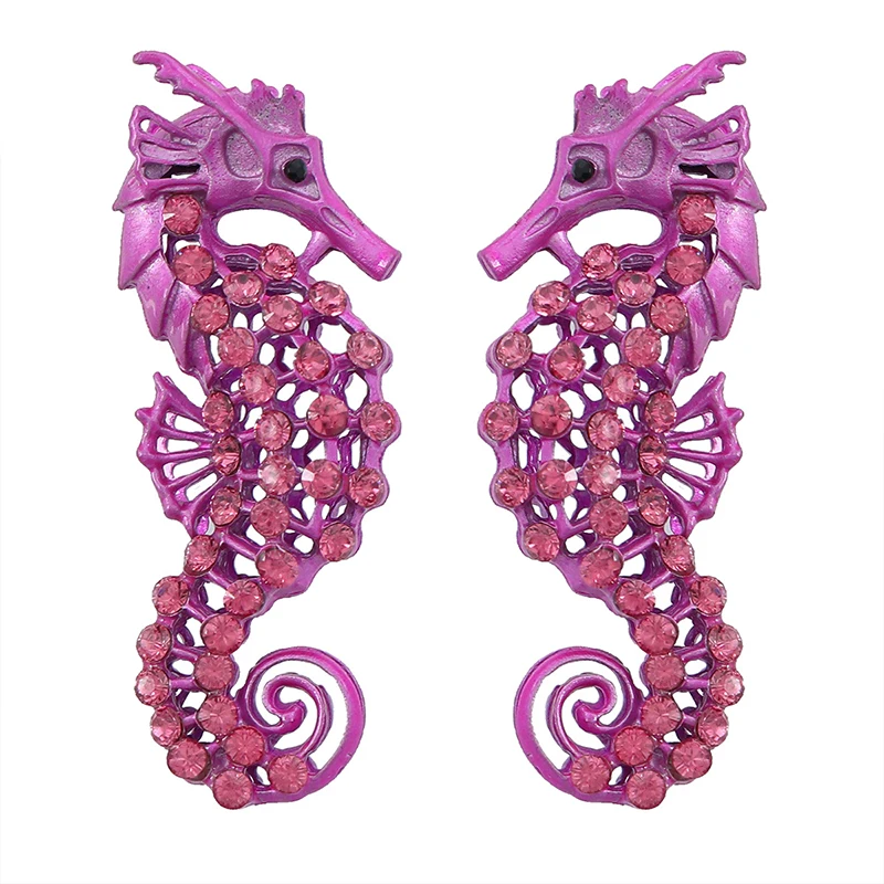 Heavy Metal Colorful Sea Horse Post Earrings For Women Fashion Jewelry Glass Stones Trendy New Designs Fancy Accessories C1358