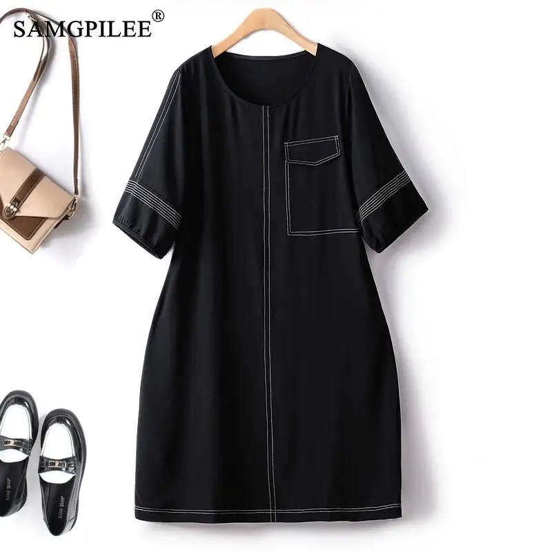 

Retro Commuter Dresses For Women 2023 Spring Summer Drape Bright Line Decoration Hepburn Style Slim O Neck Black Female Dress