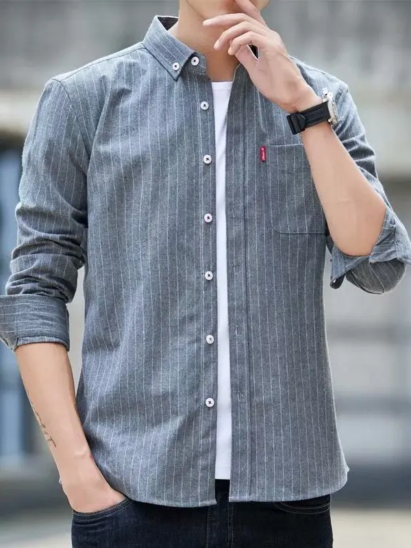 Casual Striped Long Sleeve Shirt Men's Business Iron-Free Workwear Jacket Large Size Breathable Anti-Stain Wear-Resistant Men...