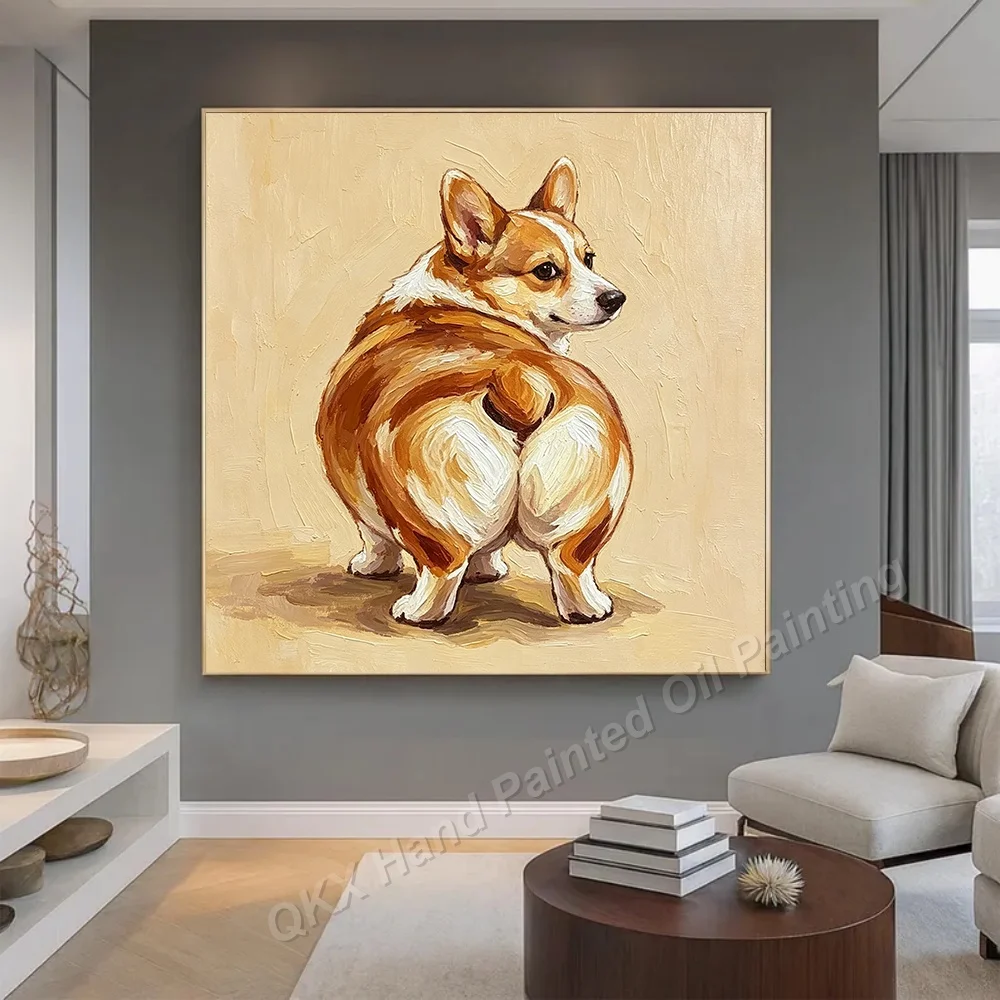 Hand-Painted Oil Painting on Canvas Wall Art Decor for Living Room, Cute Funny Corgi Pet Square Impasto Canvas Art