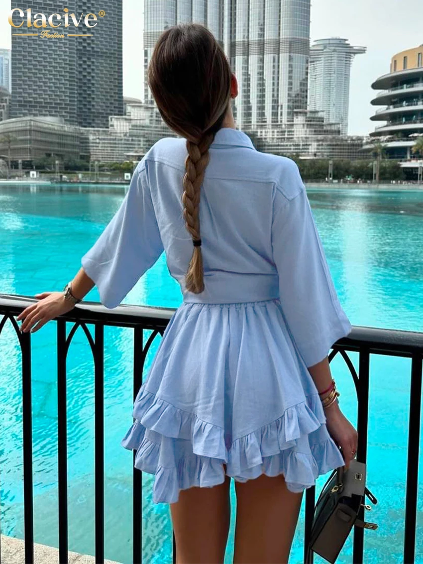 Clacive Fashion Loose White Skirt Sets For Women 2 Pieces Elegant Half Sleeve Shirts With High Waist Pleated Mini Skirts Set