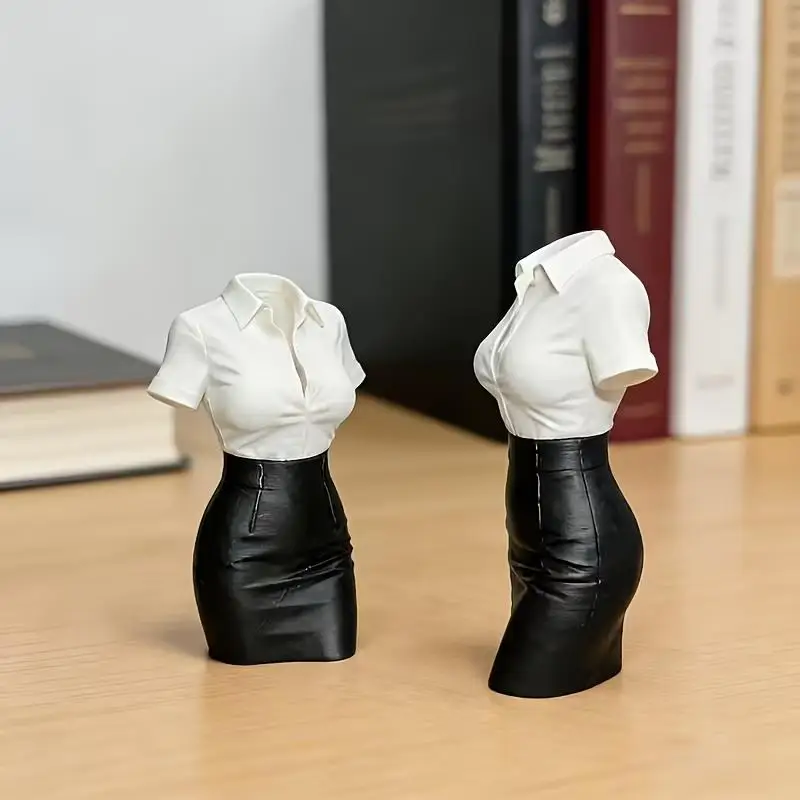 【HM】3D Printed Creative Ornament, White Shirt & Leather Skirt Office Lady Half-Body Statue, Desktop Stress Relief Decor