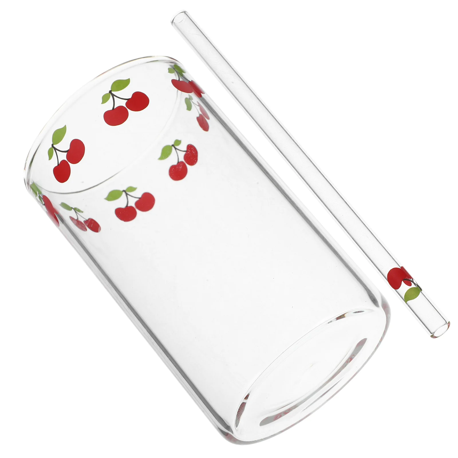 

Cherry Patterned Glass Cup 1Set Clear Tumblers with Straw Smooth Touch Easy Clean for Home Office Use Clear Glass Mugs