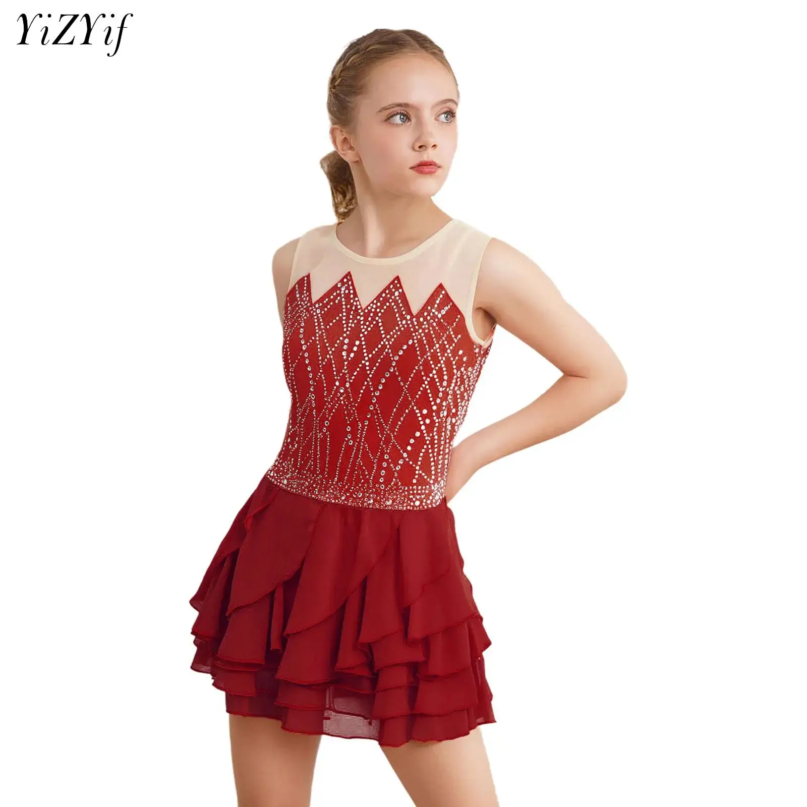 

Kids Girls Shiny Tiered Ruffled Lyrical Dance Dress Sleeveless Ballet Gymnastics Leotard Tutu Fairy Party Contemporary Costume
