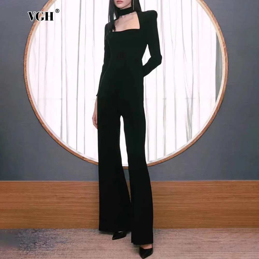 VGH Temperament Slimming Solid Jumpsuit For Women Halter Long Sleeve High Waist Evening Jumpsuit Female Fashion New Autumn Style