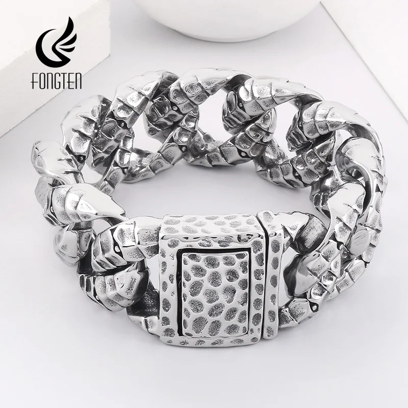 Fongten Heavy Dragon Curb Bracelet for Men Vintage Stainless Steel Foundry Tapping Pattern Cuban Chain Male Bangle Jewelry