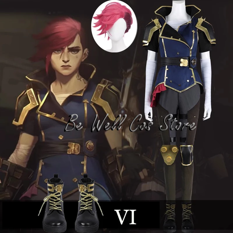 Game LOL Arcane Vi Cosplay Kostuum Battle Suit Pruik Broek Jas Bril Hoed Mannen Vrouwen Halloween Party Rollenspel Outfits Schoenen