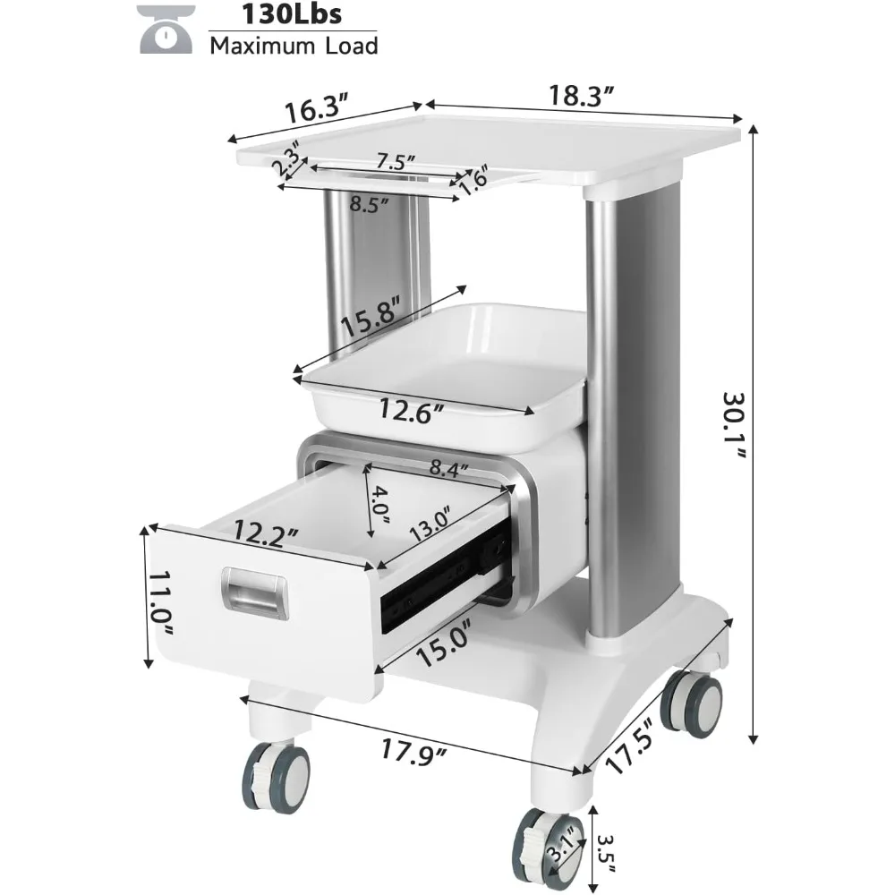 عربة طبية عربة الموجات فوق الصوتية المتنقلة 135 رطل تحميل عربة تخزين محمولة احترافية مع 4 صينية عجلات صامتة للمستشفى