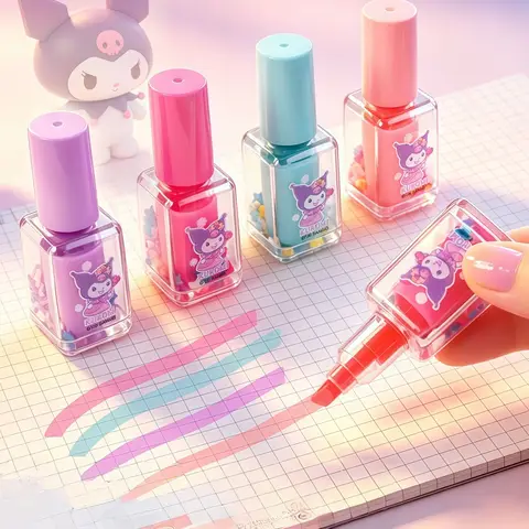 4Pc Sanrio Kuromi 4-Color Highlighter Pens in the Shape of Nail Polish Bottles for Students to Use in Their Notebooks to Highlight Important Points