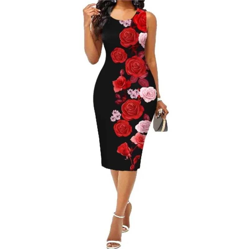 Elegant Women's Vacation Dress 2024 Spring/Summer New Fashion Women's Wear Sleeveless Wrapped Hip Printed Dress Women's Wear