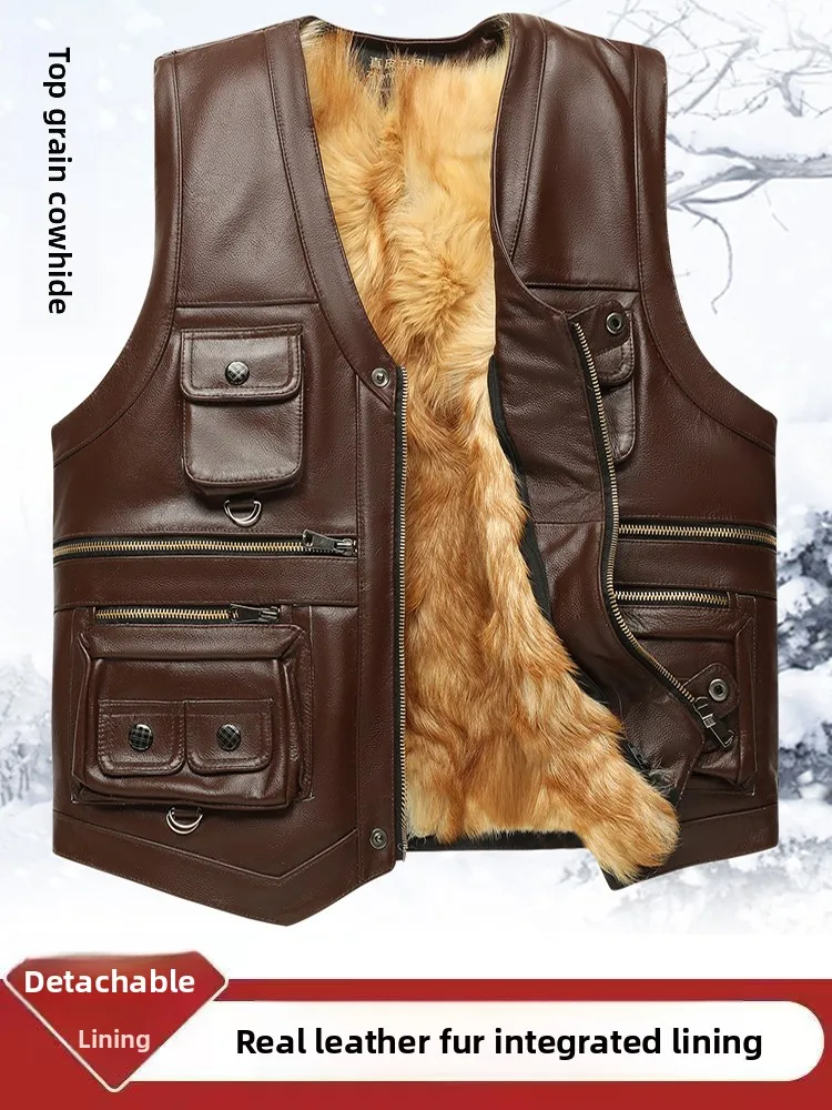 Genuine Leather Vest Men's Mid-Aged Autumn Winter Top Layer Cowhide Multi-Pocket Casual Father's Style Warmth Business Wind