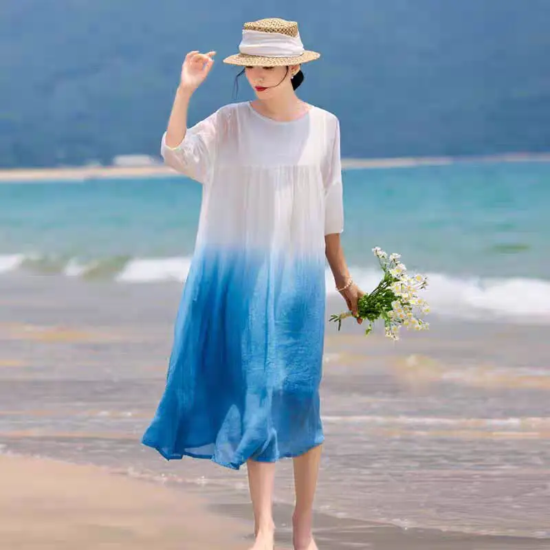 Elegant Inner Lined Beach Dress Gradient Color Summer Vacation Travel Long Photography Ultra Fairy White Robe  Silk D...