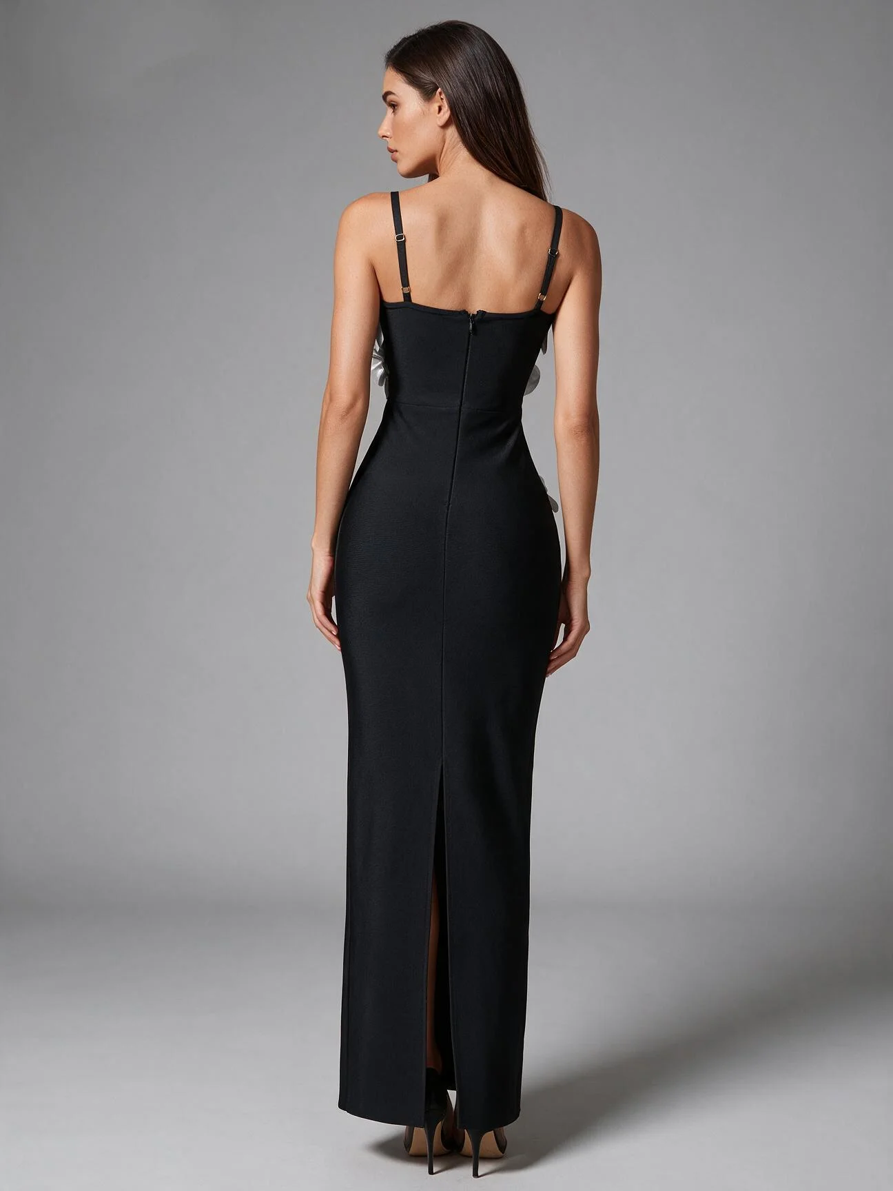 Black Slim Fit Evening Gown with Belted Fabric Thin Strap Large Silver 3D Shiny Flower Chest Design Sexy Elegant Artistic Style