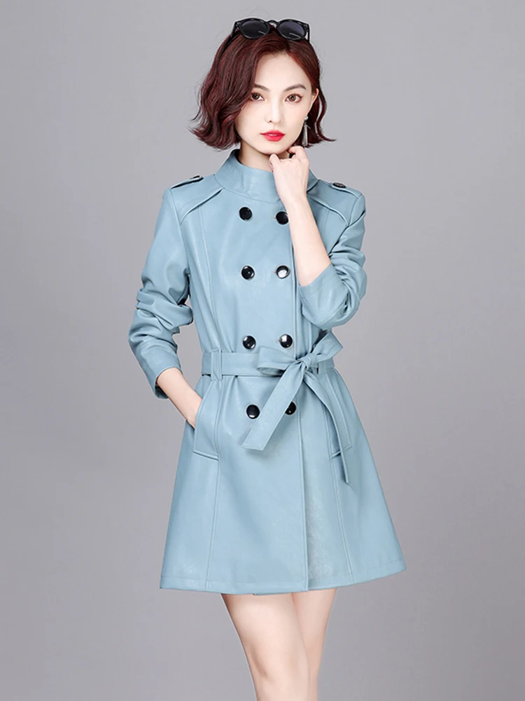 Veste en cuir d'agneau pour femme Ele, double rangée de boutons, manches longues, coupe ajustée, nouvelle collection printemps-automne, vêtement d'extérieur tendance