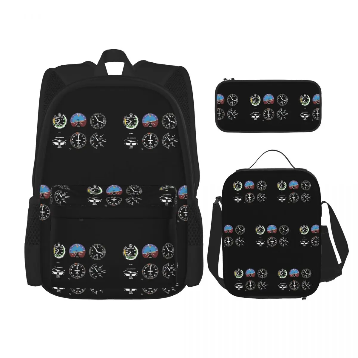 Cockpit Six Dials Flight Simulator Pilot Backpacks Children Bookbag School Bags Rucksack Lunch Bag Pen Bag Three-Piece Set