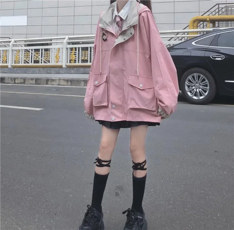 Japanese Preppy Style Oversize Women Jk Loose Sweet Kawaii Outerwear Long Sleeve Harajuku Hooded Coats Y2k Black Cargo Jackets