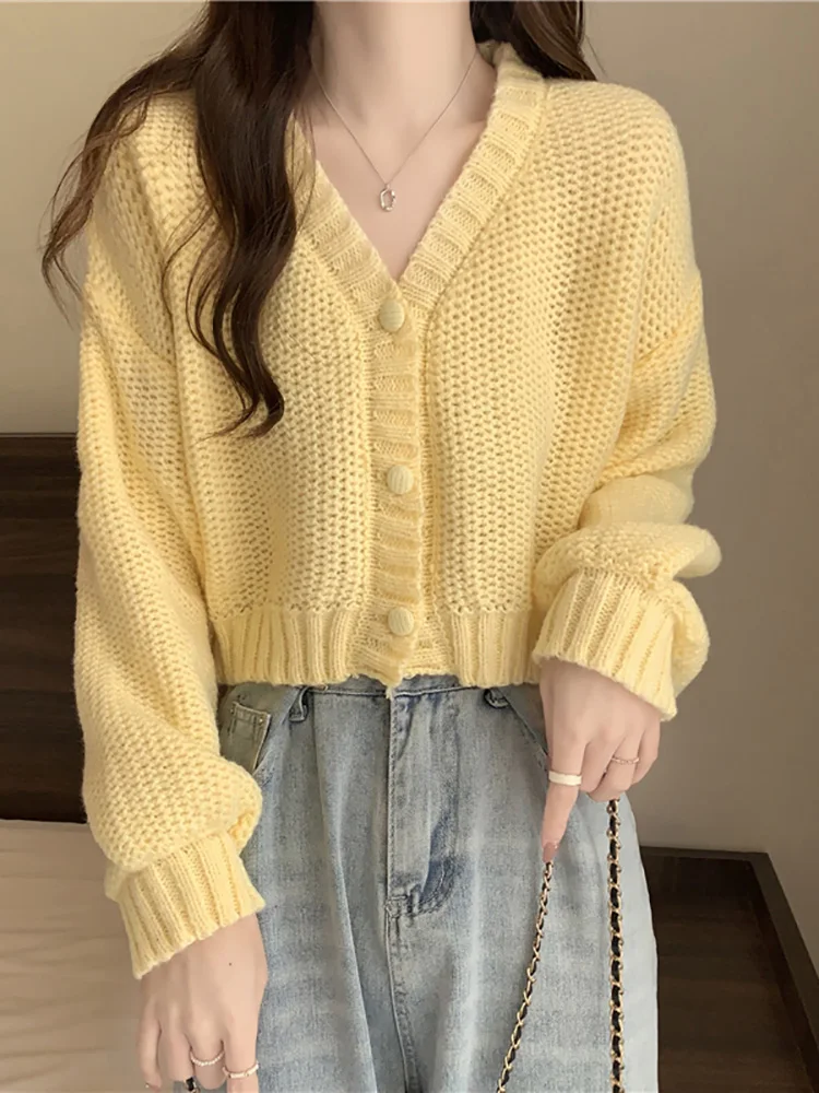 ABRINI Women Sweater Cardigan V-Neck Button Up Casual Knit Sweater Coat Sweet Cardigan Coat TRAF For Women 2023 Autumn Winter