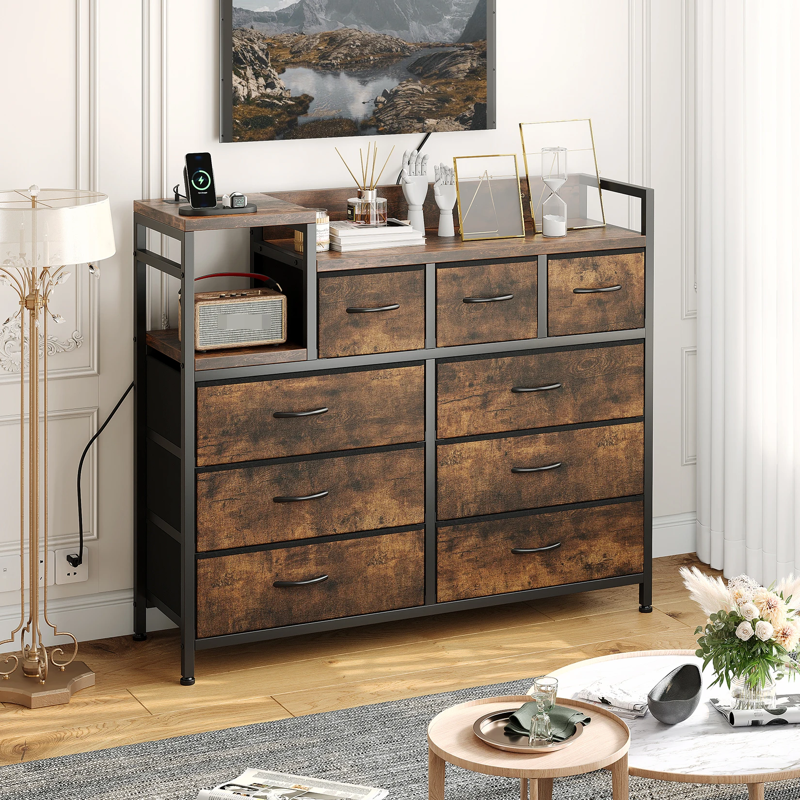 

Dresser TV Stand with Power Outlet, Bedroom Dresser with 9 Drawers, Chest of Drawers for Living Room, Hallway