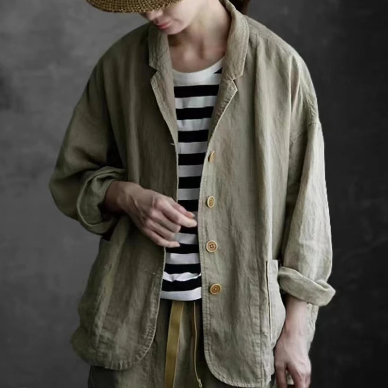 Johnature Spring New Vintage Simple Jackets 2024 Linen Turn-down Collar Simple Casual Loose All Match Button Pockets Women Coats