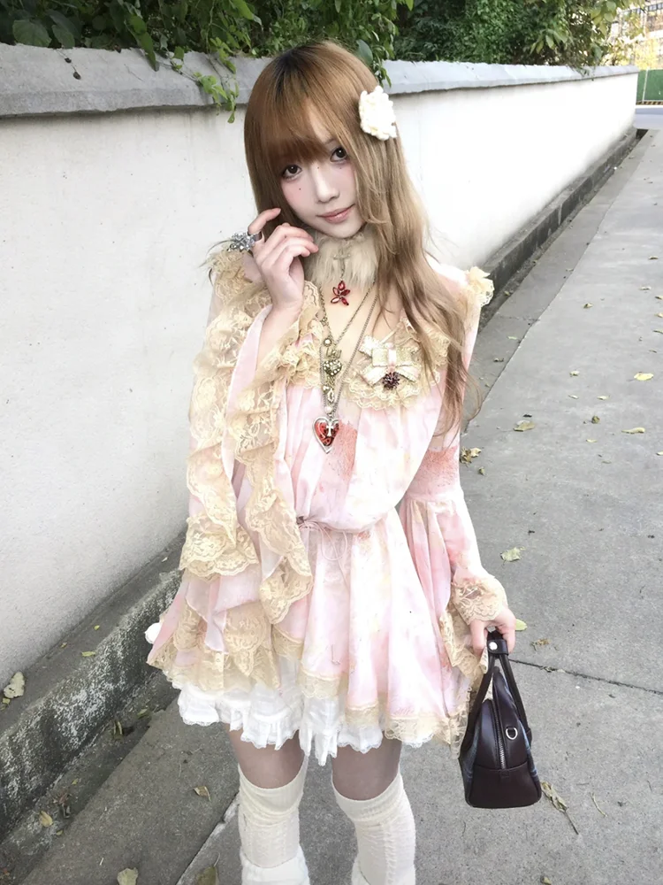 ReddaChic Stitch Lace Ruffled Blouse Lolita Cutecore Thin Floral Long Flare Sleeve Bandage Loose Flowy Top Vintage Woman Clothes
