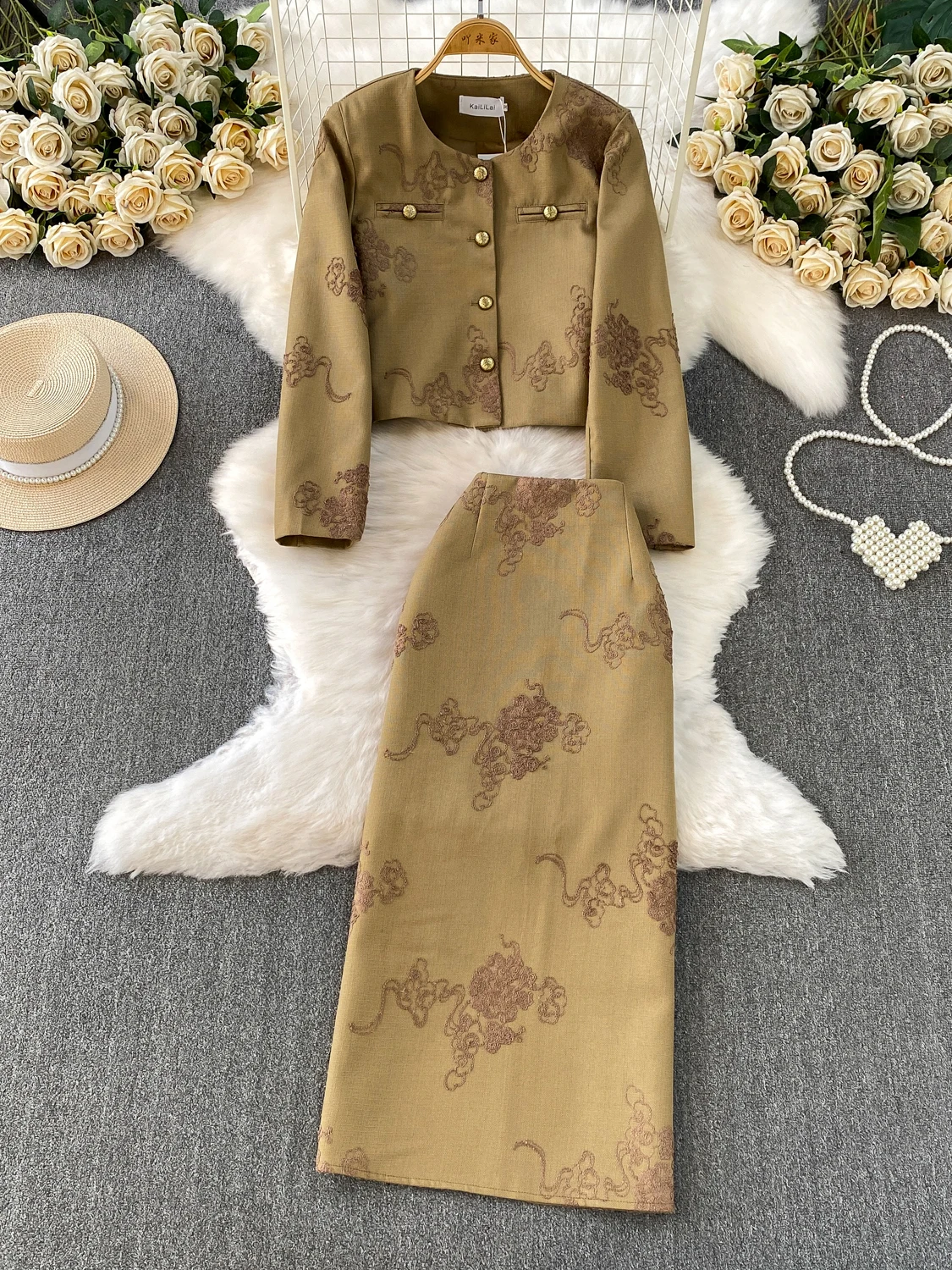 

Ele round Ne Embroidered Jaet And High Waist Midi Skirt Set Women's Faion Retro Luxury Metal Bule Heavy Work