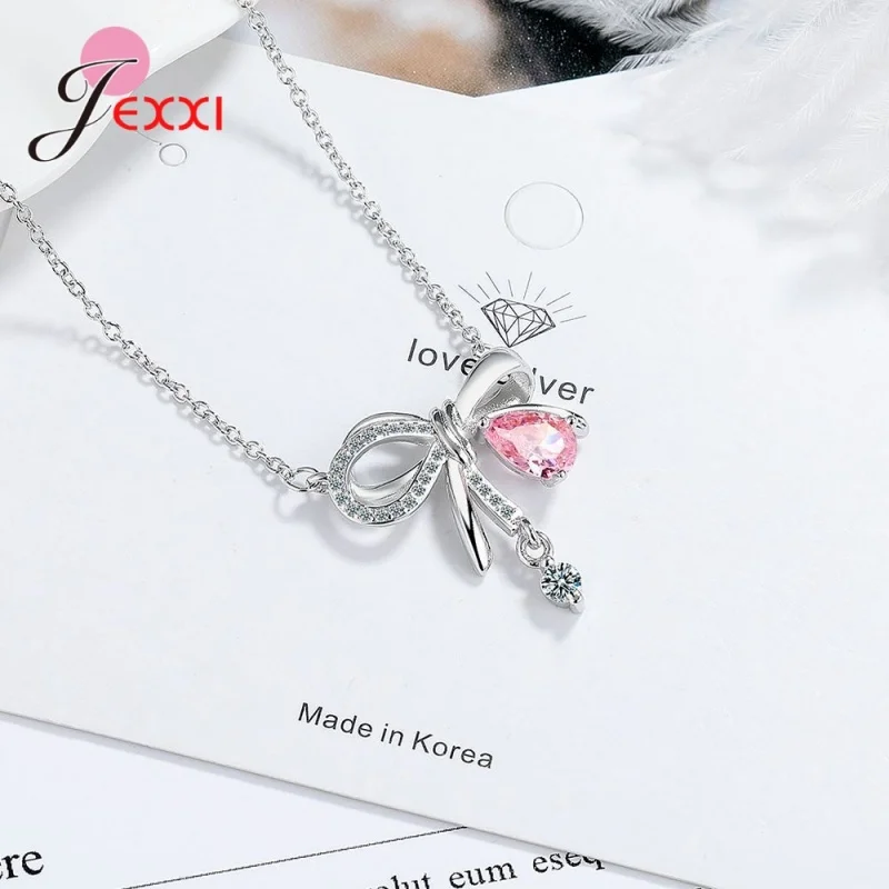 New Sterling Silver S925 Pendant Necklace for Women Bow Shaped Stone Pendant Engagement Wedding Party Silver Stamp Fine Jewelry