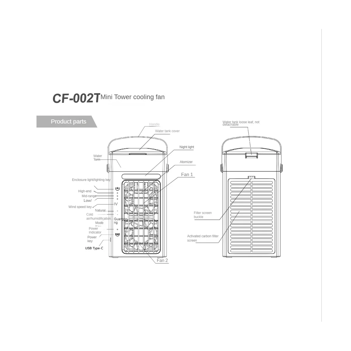 휴대용 에어컨 선풍기, 책상 공기 냉각기 및 가습기, 침실용 LED 조명, 3 선풍기 속도, 7 색, 3 in 1