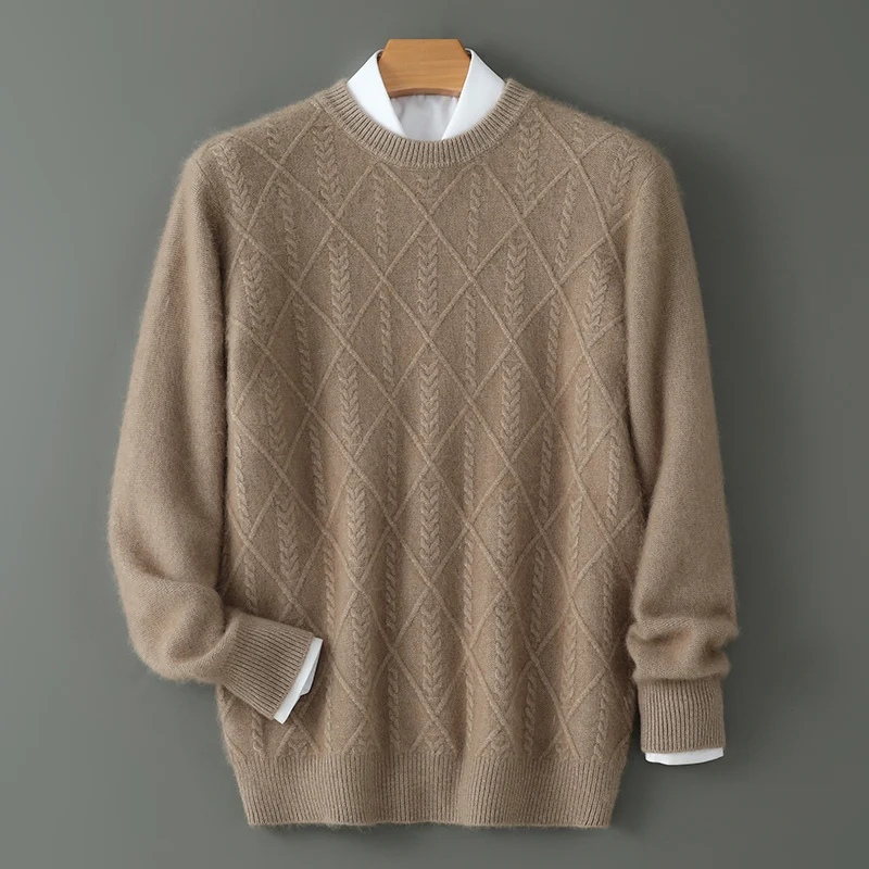 100% Pure Mink Cashmere Knitted Sweater Men's Round Neck Thicken Pullovers Fashion Jacquard Large size Jacket Winter Loose Shirt