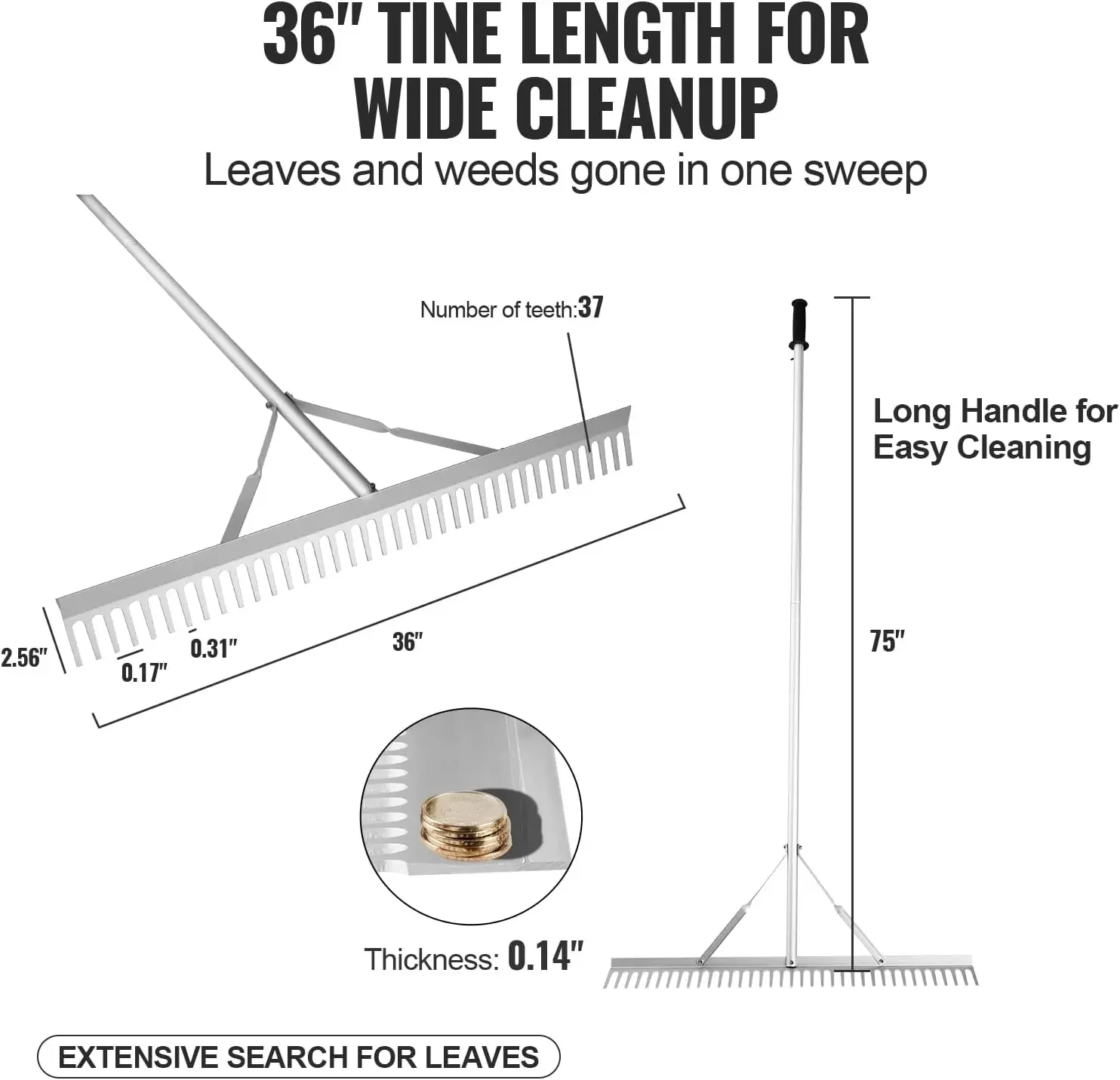 Landscape Rake, 36" Head Aluminum Landscape Rake, Lake Weed Rake with 75" Long Handle, for Loosening Soil, Lawn Care,