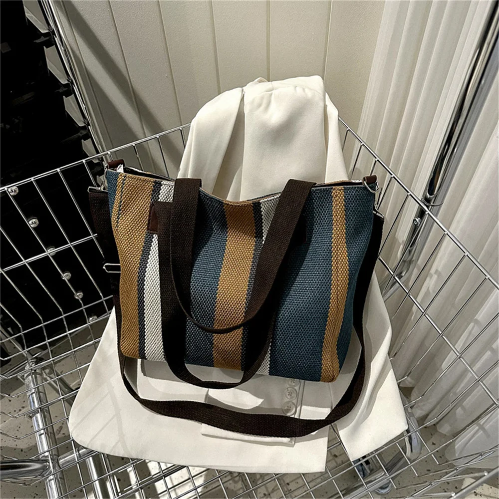 Fashion Striped Shoulder Bag Korean Style Canvas Sling Bag Small Square Crossbody Handbag Large Capacity Casual Simple Women Bag