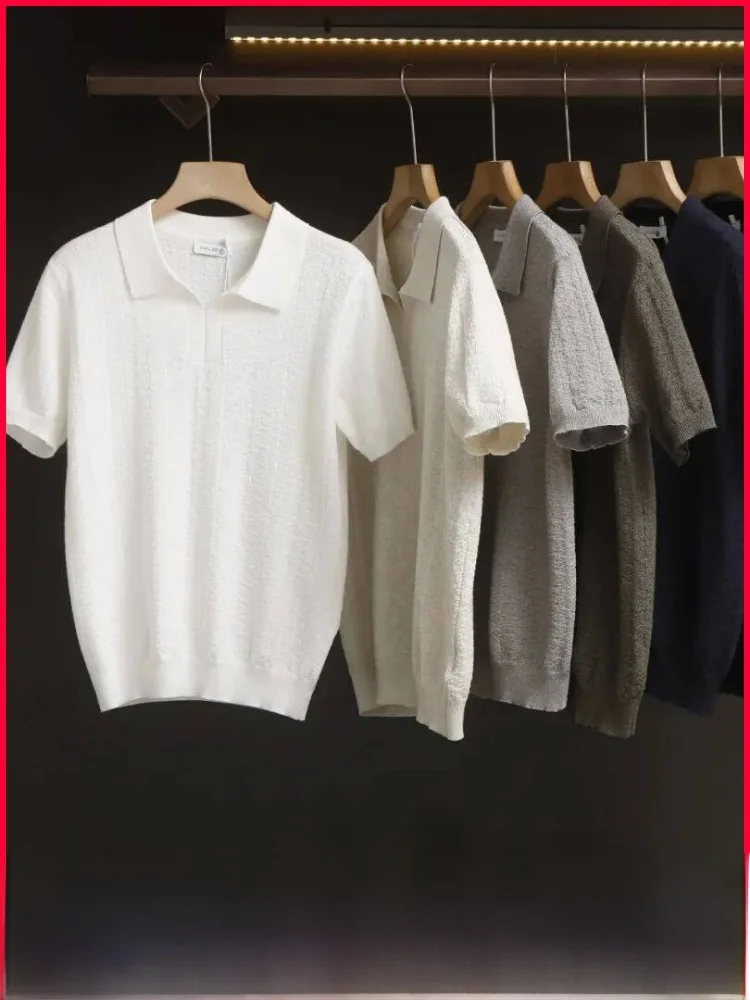 

Итальянская мужская летняя текстурированная вязаная рубашка с коротким рукавом, повседневная, дышащая, с воротником-стойкой, с дизайном «Чайка», из смесового хлопка