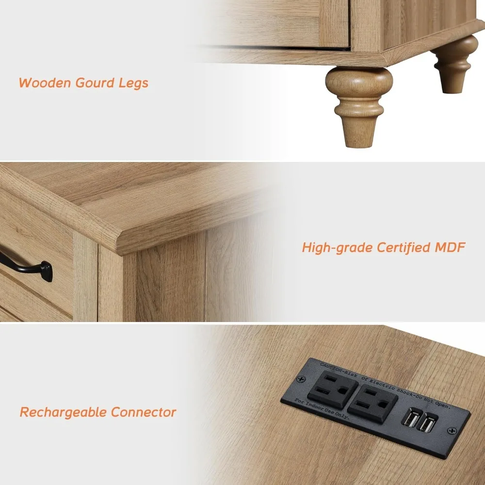 Farmhouse End Table with Charging Station, Wood Side Table with Power Outlets & USB Ports, Rattan Nightstand with Drawer