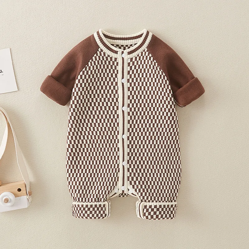 

UNITIM Kids Baby Boys Jumpsuits Plaid Knited Toddler Girls One-piece Bodysuits Spring Newbron Girls Rompers Infant Overalls