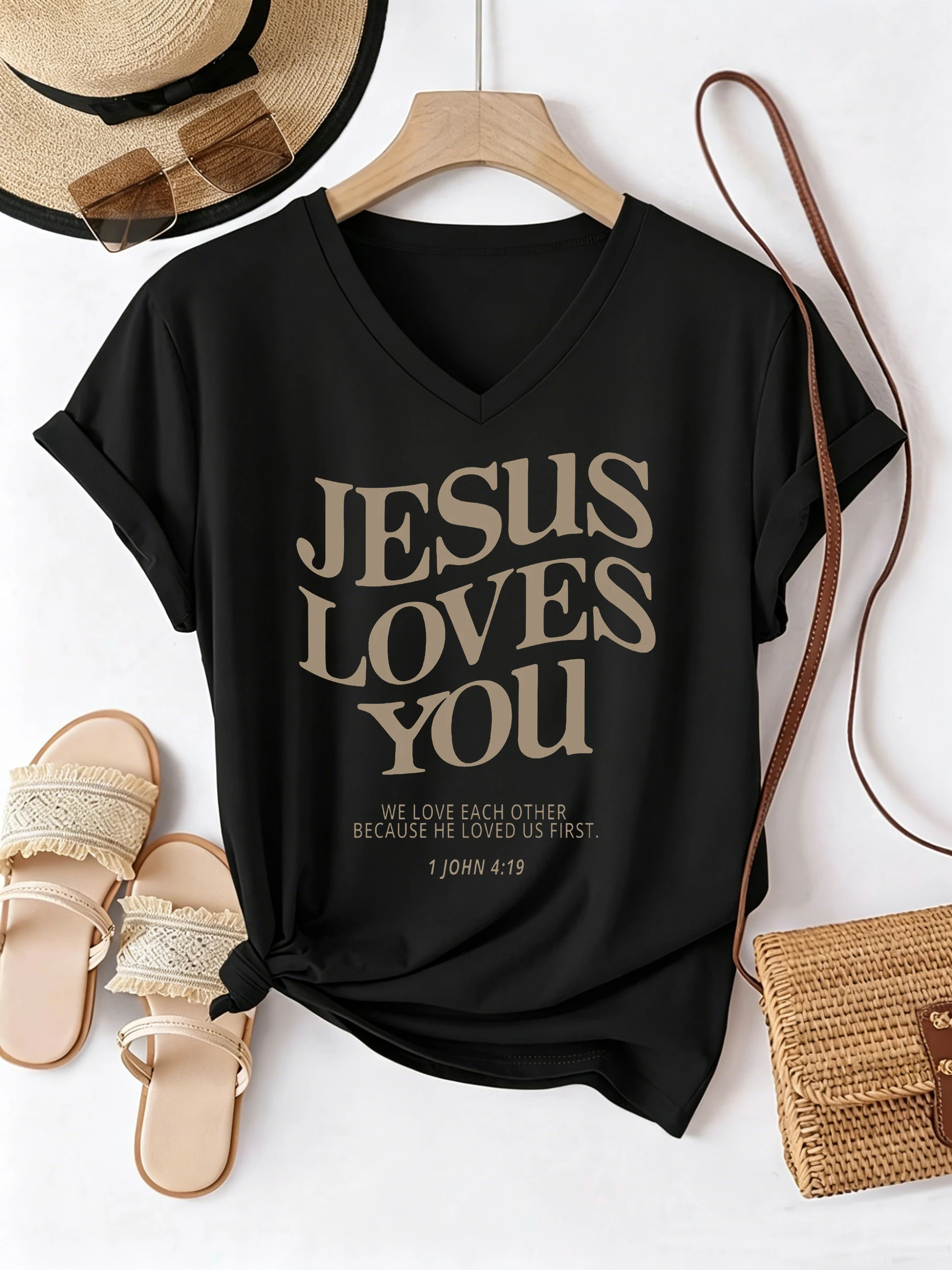Vintage T-Shirt mit V-Ausschnitt, lässige Mode, Jesus liebt dich, T-Shirt für Damen, kurzärmeliges T-Shirt mit V-Ausschnitt, Sommer-Shirt