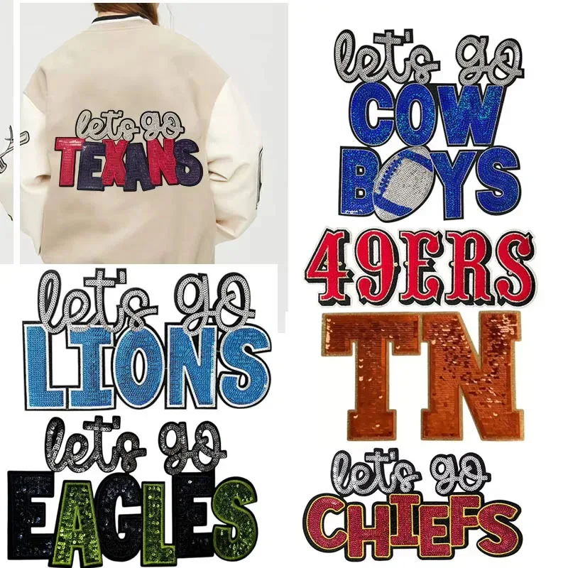 1pc enorme equipe de rugby glitter remendos de engomar "COWBOYS" carta glitter diy apliques ferro emblema bordado para roupas jaqueta