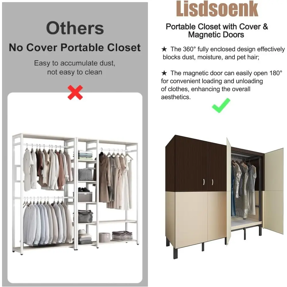 Sturdy 1500lb Portable Wardrobe with Cover, 49.2IN Hanging Garment Rack for Bedroom Storage